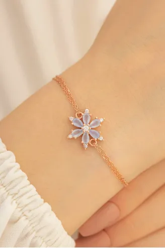 Beyaz Taşlı Çiçek Model Rose Kadın Gümüş Bileklik