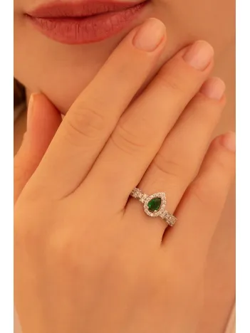 Kadın Gümüş Yüzük - Peri Zümrüt Taşlı Damla Model Kadın Yüzük