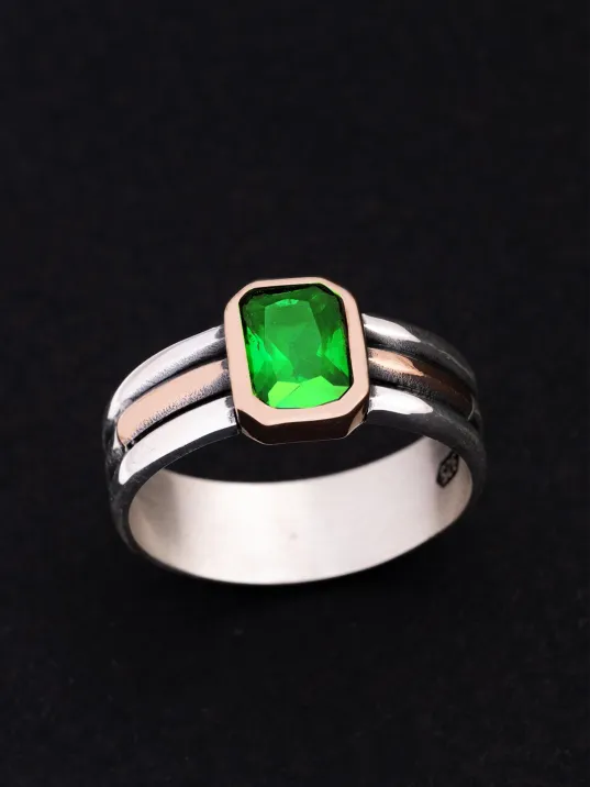 Erkek Gümüş Yüzük - Yeşil Zümrüt Taşlı İnce Kibar Erkek Yüzüğü