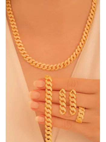 Kadın Gümüş Set - 22 Ayar Gerçek Altın Kaplama Taşlı Gurmet Model Gümüş Set