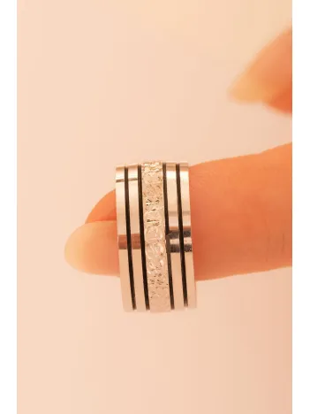 Kadın Gümüş Yüzük - 925 Ayar Karartmalı Şerit Desenli Gümüş Alyans Yüzük