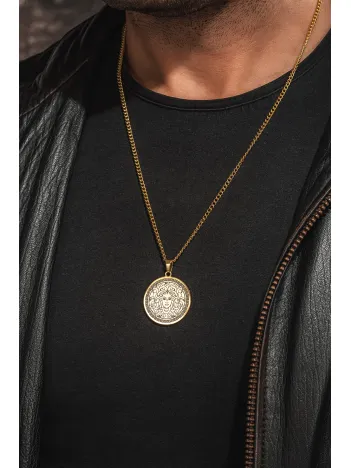 Steel Aether Altın Kaplama Çelik Kadın Kolye Yunan Tanrısı Medusa İşlemeli Yuvarlak Plaka Kararmaz