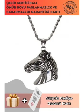 At Kafası Çelik Erkek Kolye Zincir Gümüş Renk