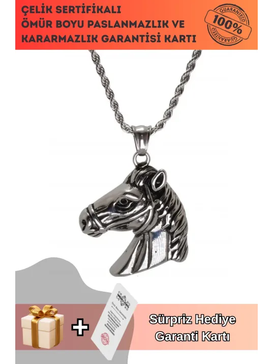 At Kafası Çelik Erkek Kolye Zincir Gümüş Renk