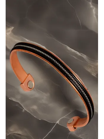 Kadın Bakır Bileklik - Ortası Küp Şeritli Siyah Derili Bakır Bilezik Metal Kutuda