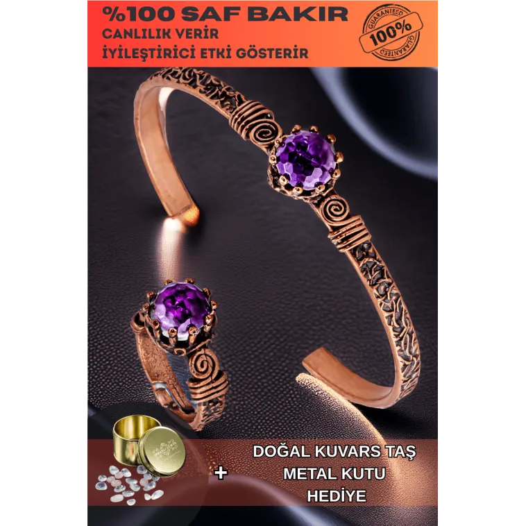 Kadın Bakır Bileklik Yüzük Set - Ametist Taşlı Ağaç Kabuğu Model İnce Metal Kutu Kuvars Taşlı Set Kadın Bakır Bileklik Yüzük Set - Ametist Taşlı Ağaç Kabuğu Model İnce Metal Kutu Kuvars Taşlı Set