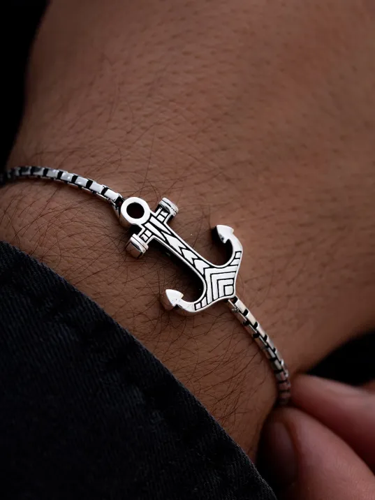 Erkek Gümüş Bileklik - Küp Zincirli Çapa Model Gümüş Bileklik