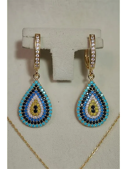 Kadın Gümüş Bileklik Yüzük Kolye Küpe Set - Damla Model Nazar Boncuk Detaylı Zirkon Taşlı Gümüş Set