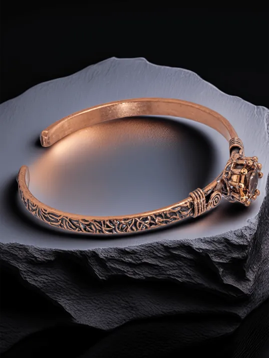 Kadın Bakır Bileklik Yüzük Set - Zultanit Taşı Model 2 Ağaç Kabuğu Model İnce Metal Kutu Kuvars Taşı
