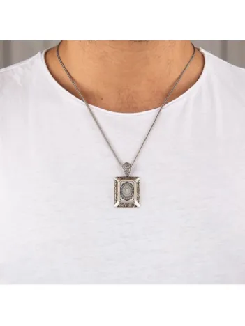 Erkek Gümüş Kolye - 925 Ayar Tilki Kuyruğu Zincir 35 Besmele Duası İşlemeli Gümüş Kolye