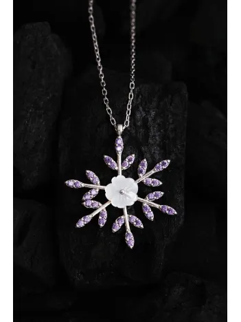 Kadın Gümüş Kolye - Sevgililer Günü - Hediye - Manolya Çiçeği Mor Zirkon Taşlı Kadın Kolye