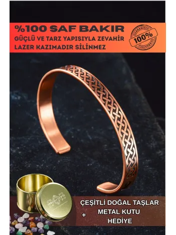Kadın Erkek Saf Bakır Bileklik Zevahir Model Metal Kutu Doğal Taşlar Bakır Kelepçe Bilezik