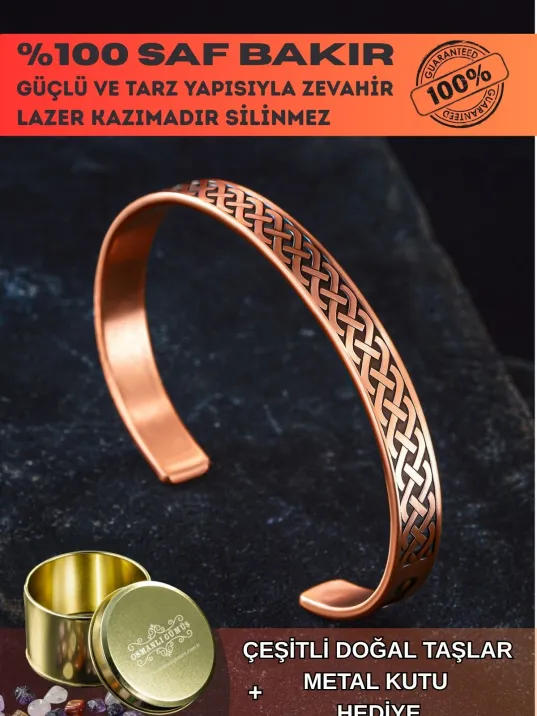 Kadın Erkek Saf Bakır Bileklik Zevahir Model Metal Kutu Doğal Taşlar Bakır Kelepçe Bilezik