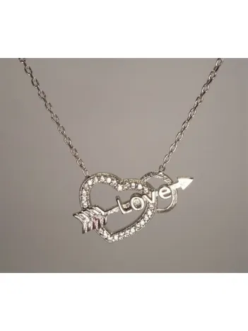 Kalpli Oklu Love Bayan Gümüş Kolye Orta Boy