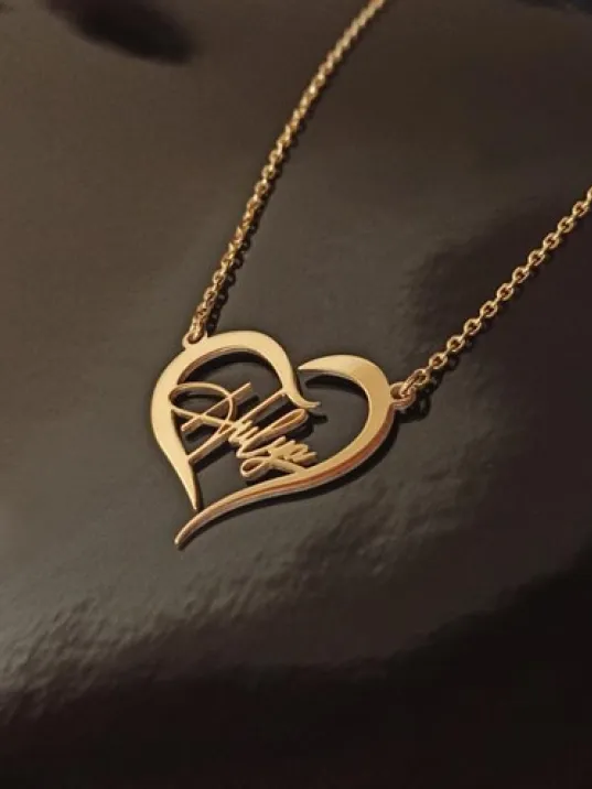 Kişiye Özel Kalp İçinde İmza İsim Yazılan Altın Renk Bayan Gümüş Kolye Zincir GKLALTISIMY