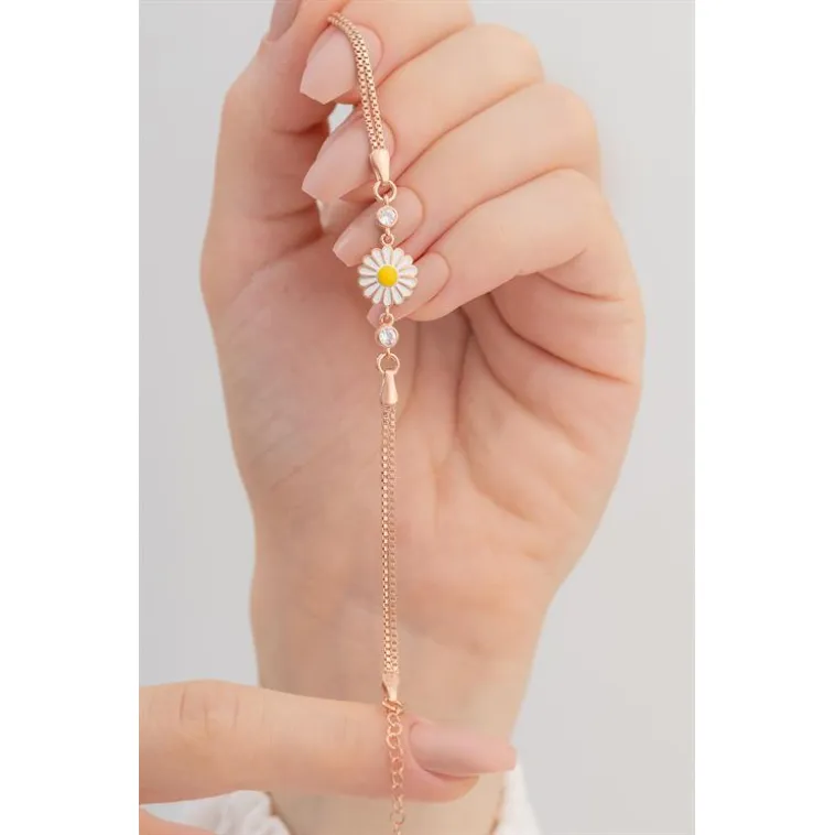 Papatya Kadın Gümüş Bileklik Zirkon Taşlı Rose