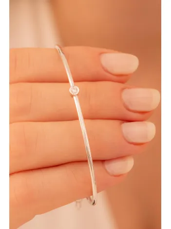 Kadın Gümüş Bileklik - Kadın Kelepçe - El Yapımı Gümüş Zirkon Taşlı Zarif Model İnce Kibar Kadın Bileklik