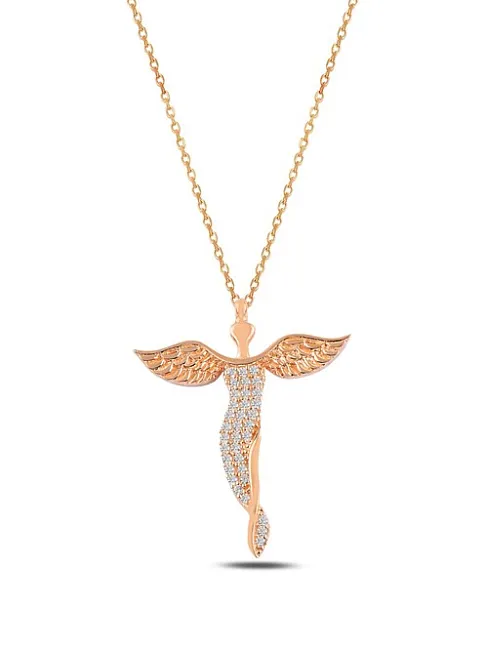 Zirkon Taşlı Rose Melek Model Kadın Gümüş Kolye GKLMLKM1DEL-ROS