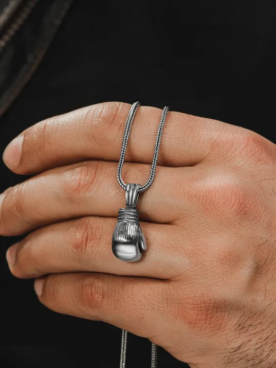 Erkek Gümüş Kolye - Tek Boks Eldiveni Tilki Kuyruğu Zincir Erkek Kolye