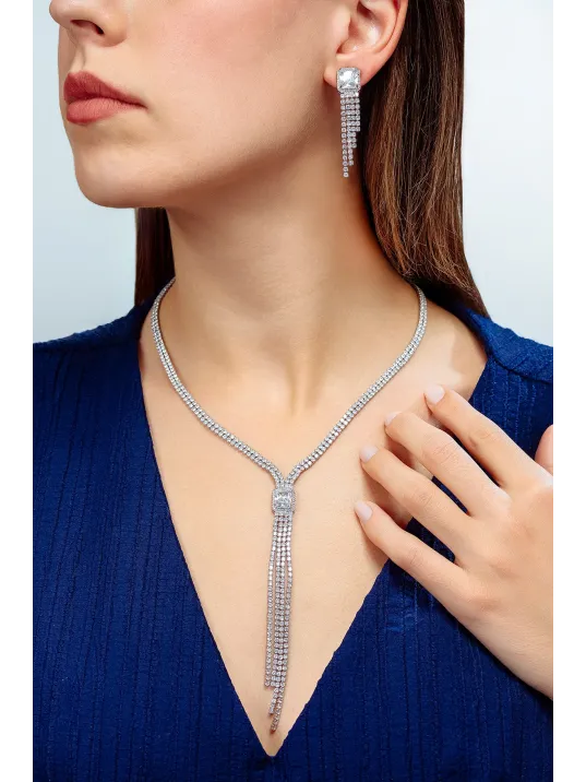 Kadın Bijuteri Kolye Küpe Set - Valeria Model Baget Ve Zirkon Taşlı Zarif Su Yolu Set