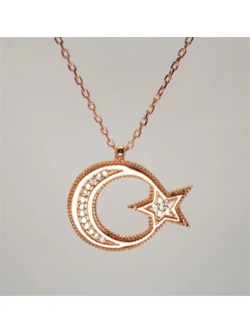 Gümüş Bayan Rose Ay Yıldız Bayrak Kolye