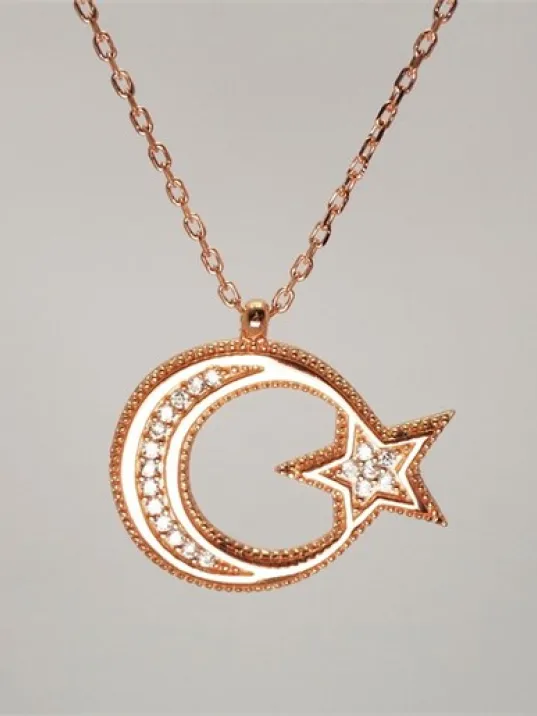 Gümüş Bayan Rose Ay Yıldız Bayrak Kolye