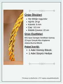 Kadın Gümüş Bileklik - Adana Burma 24 gr 22 Ayar Altın Kaplama (Kararmaz) Gümüş Bilezik
