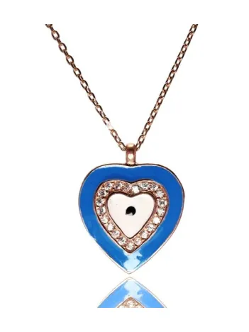 Mavi Nazar Boncuklu Kalp Bayan Gümüş Kolye Orta Boy