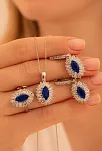 Kadın Gümüş Set - Mekik Model Safir Taşlı Baget Süslemeli Rodyumlu Kadın Set