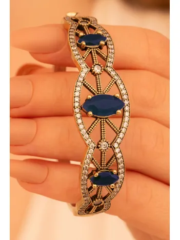 Kadın Gümüş Bileklik - Safir Ve Zirkon Taşlı Otantik Gümüş Kelepçe Bileklik