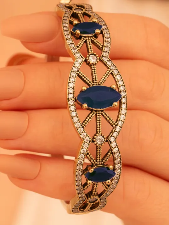 Kadın Gümüş Bileklik - Safir Ve Zirkon Taşlı Otantik Gümüş Kelepçe Bileklik