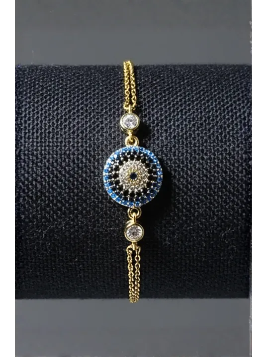 Kadın Gümüş Bileklik - 14 Ayar Altın Kaplama Nazar Boncuğu Desenli Gümüş Bileklik