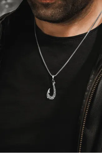 Erkek Gümüş Kolye - Balıkçı Olta Kanca Motifli Tilki Kuyruğu Zincir Erkek Gümüş Kolye