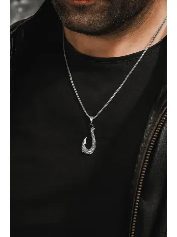 Erkek Gümüş Kolye - Balıkçı Olta Kanca Motifli Tilki Kuyruğu Zincir Erkek Gümüş Kolye