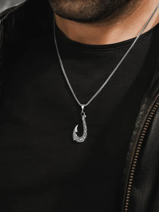 Erkek Gümüş Kolye - Balıkçı Olta Kanca Motifli Tilki Kuyruğu Zincir Erkek Gümüş Kolye