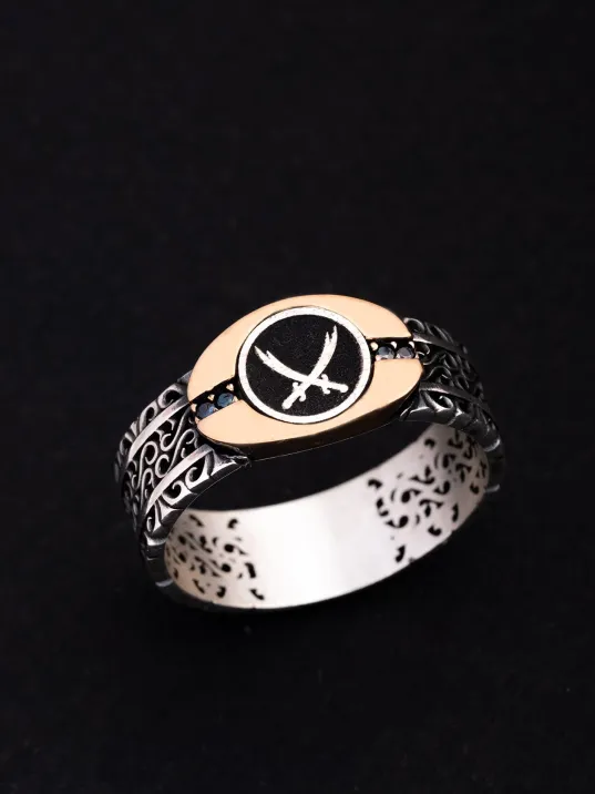 Erkek Gümüş Yüzük - Çift Kılıç Zülfikarlı İnce Kibar Gümüş Erkek Yüzüğü