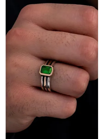 Erkek Gümüş Yüzük - Yeşil Zümrüt Taşlı İnce Kibar Erkek Yüzüğü