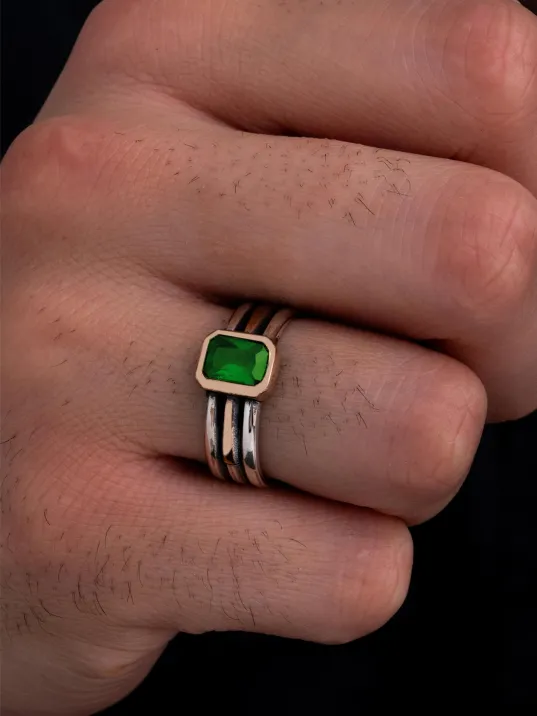 Erkek Gümüş Yüzük - Yeşil Zümrüt Taşlı İnce Kibar Erkek Yüzüğü