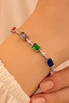 Kadın Gümüş Bileklik - Renkli Baget Taşlı Kare Model Zirkon Süslemeli Kadın Bileklik