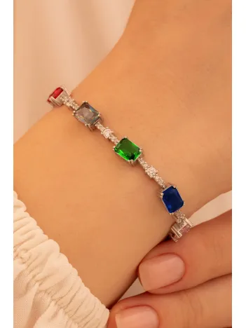 Kadın Gümüş Bileklik - Renkli Baget Taşlı Kare Model Zirkon Süslemeli Kadın Bileklik