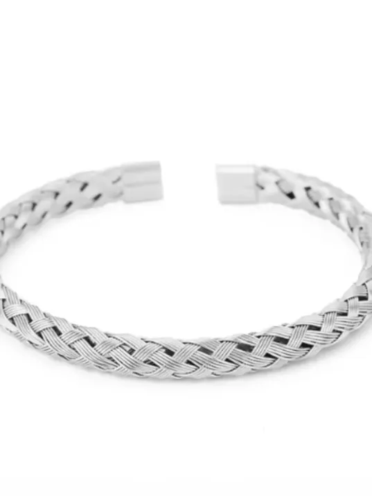 Erkek Çelik Bileklik - Beyaz Hasır Modern Örgü Tasarım Erkek Bileklik