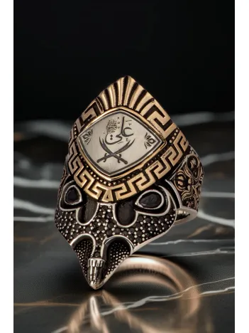 Erkek Çift Başlı Zülfikar İşlemeli Siyah Zirkon Taşlı 925 Ayar Gümüş Yüzük Zihgir Model