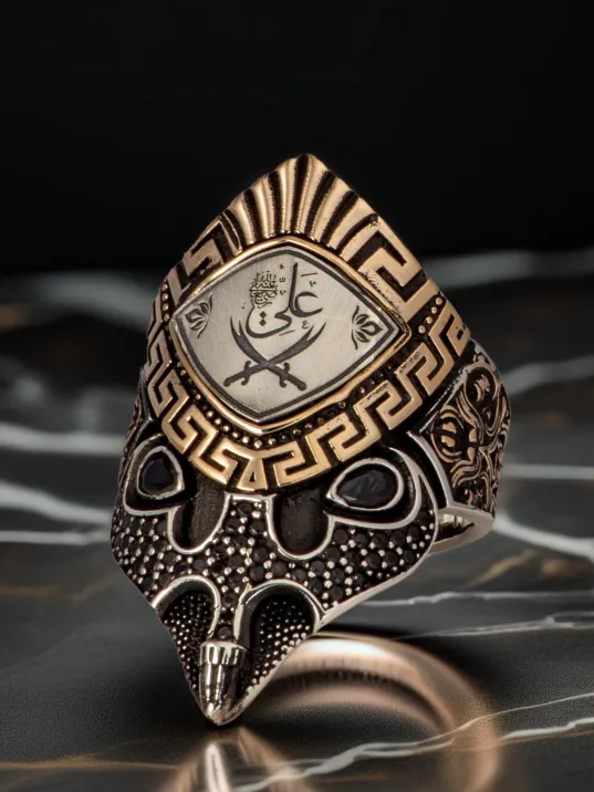 Erkek Çift Başlı Zülfikar İşlemeli Siyah Zirkon Taşlı 925 Ayar Gümüş Yüzük Zihgir Model