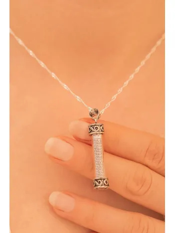 Camlı Gümüş Cevşen Muska Kadın Kolye Zincir