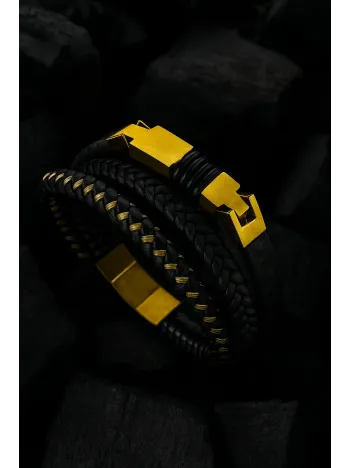 Erkek Çelik Bileklik - 3 Sıra Deri Örgü Model Erkek Bileklik