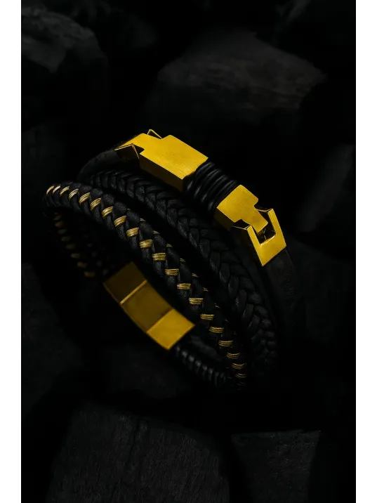 Erkek Çelik Bileklik - 3 Sıra Deri Örgü Model Erkek Bileklik