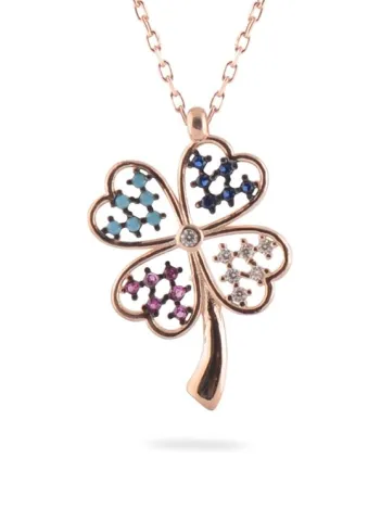 Rose Renk Mix Zirkon Taşlı Yonca Bayan 925 Ayar Gümüş Kolye GKLMIXKOLYE-ALT