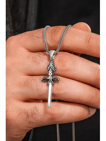 925 Ayar Gümüş Mat Ejderha Kılıcı Erkek Kolye Tilki Kuyruğu Zincir Damgalı Faturalı