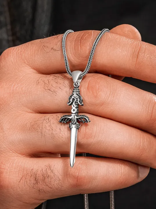 925 Ayar Gümüş Mat Ejderha Kılıcı Erkek Kolye Tilki Kuyruğu Zincir Damgalı Faturalı