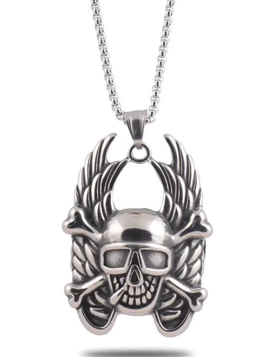 Ottoman Çelik Melek Kanatlı Kuru Kafa Model Erkek Kolye CKL120OKUCU-GMS